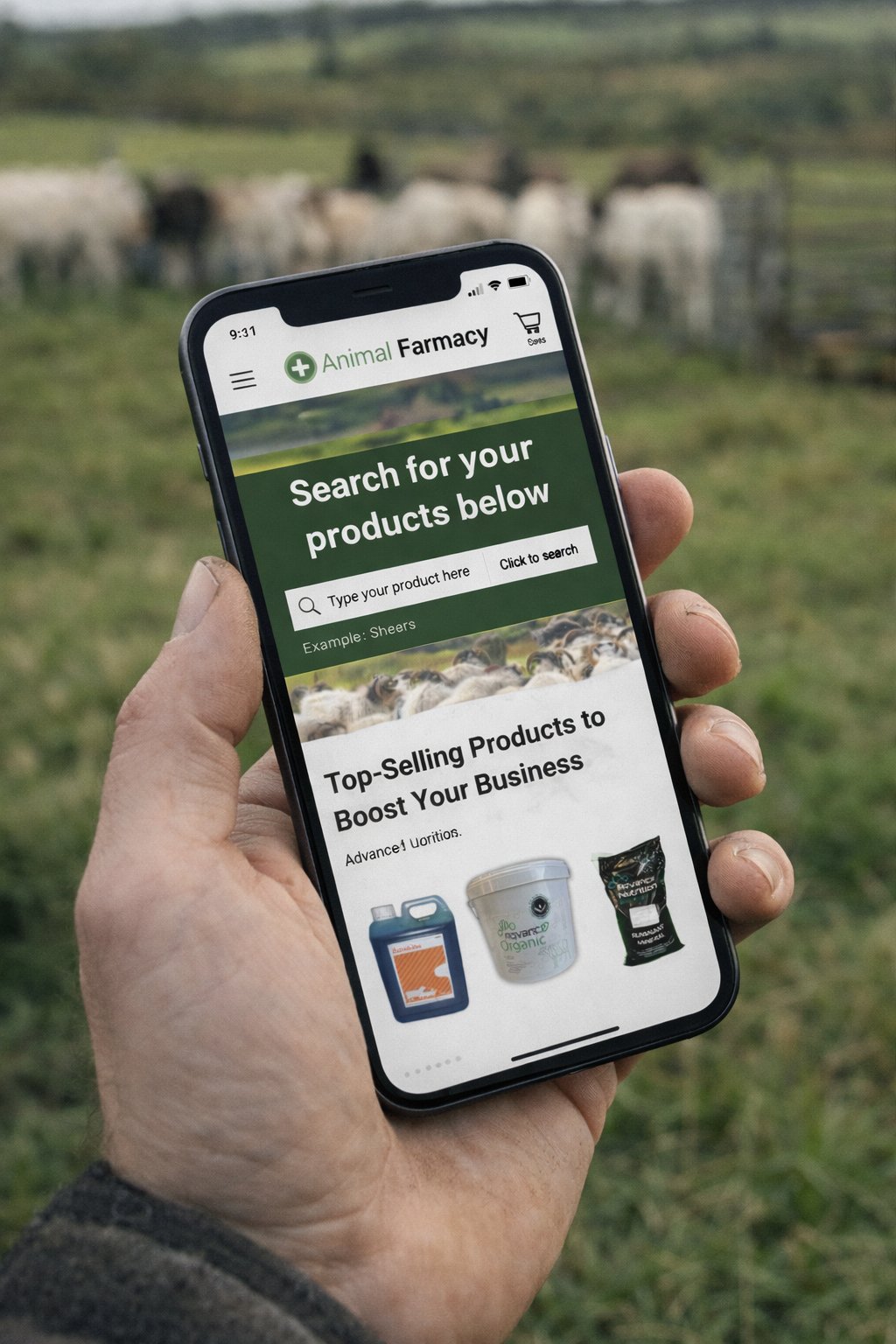 Farmer holding phone showing Animal Farmacy app